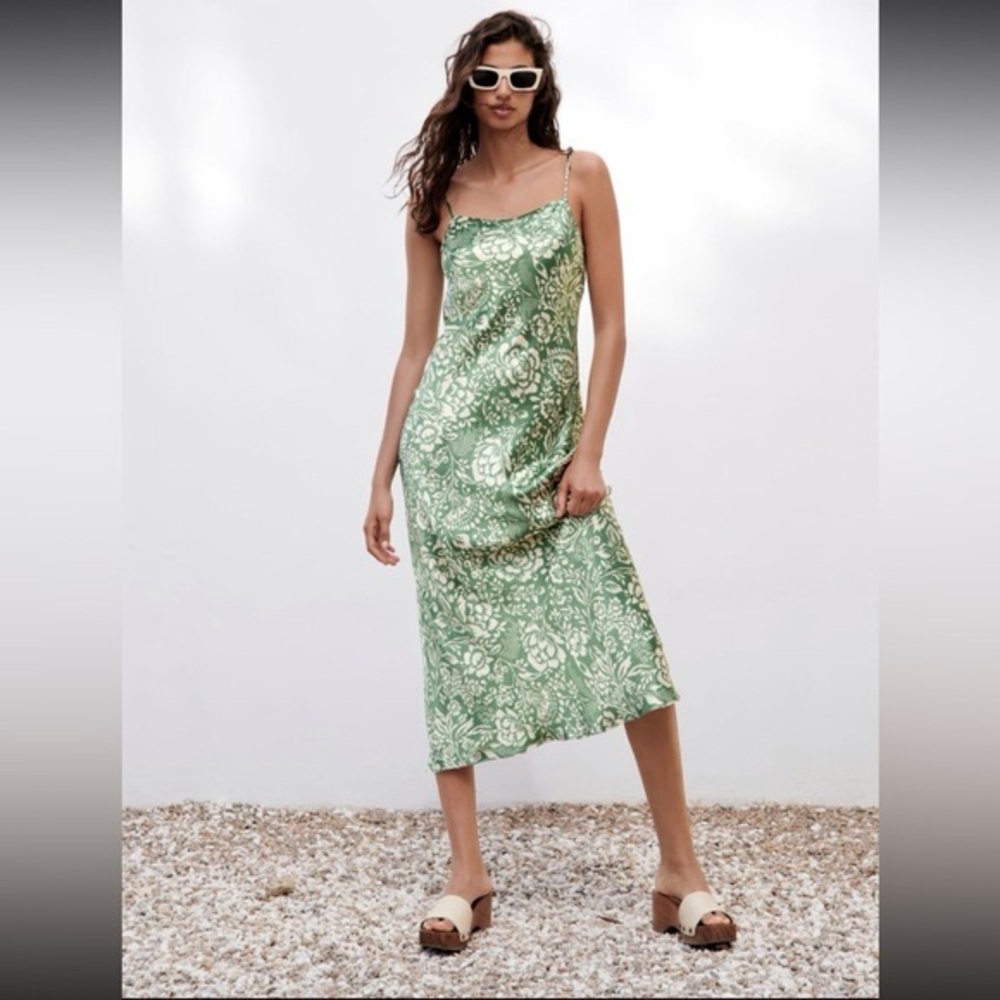 ZARA Green Satin Slip Floral Midi Dress Sz XS
